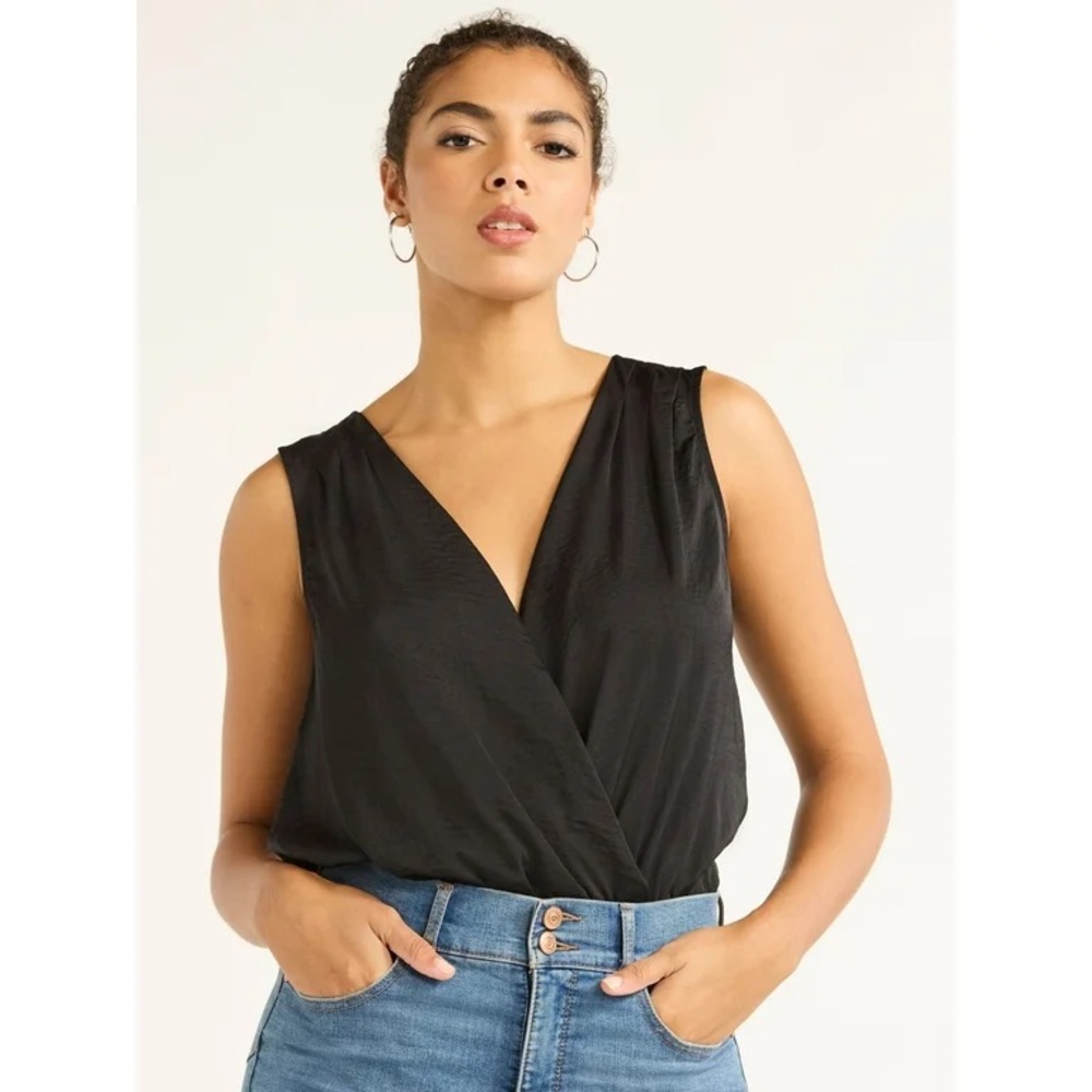Sofia Vergara Womens Sleeveless Surplice V-Neck Faux Wrap Crossover Bodysuit NWT